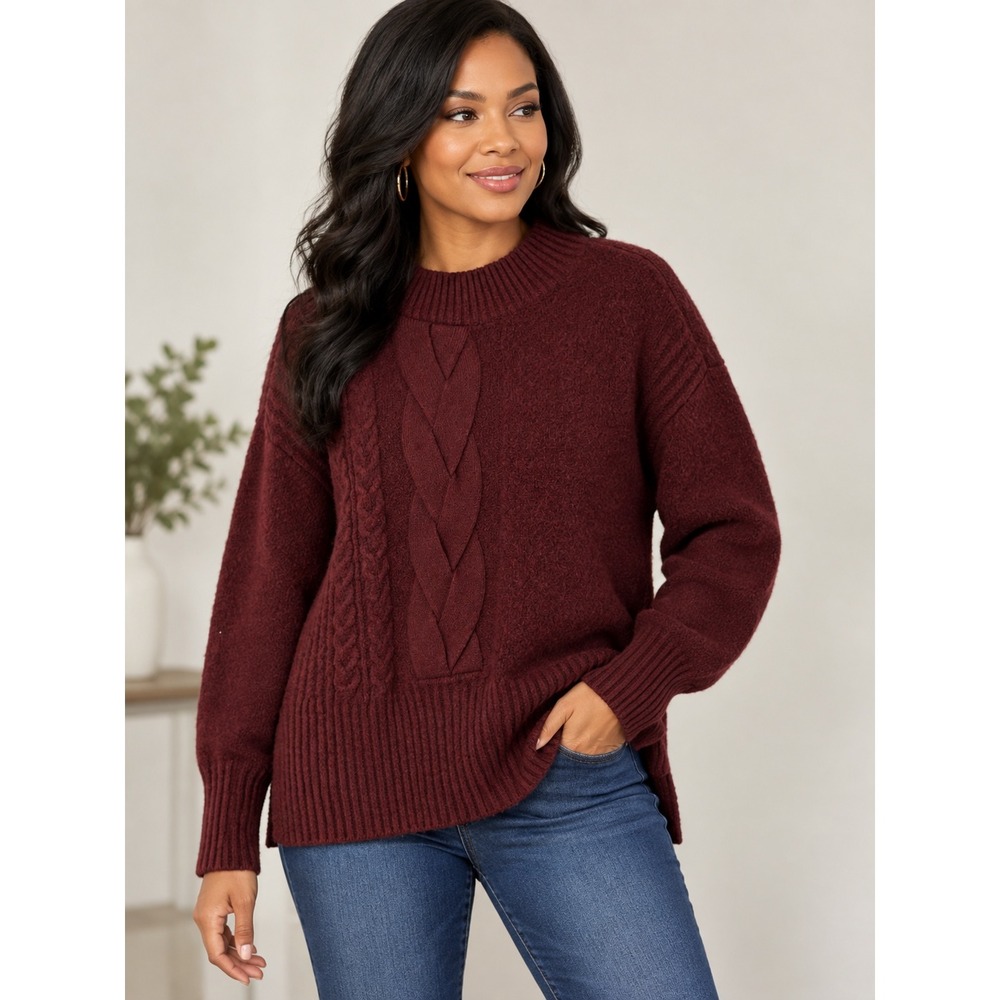 Simply Vera Vera Wang Burgundy Cable Knit Mock Neck Sweater Wine Red Pullover